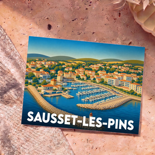 Carte postale souvenir de la ville de Sausset-les-Pins avec une illustration stylisée de son port de plaisance.