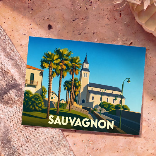 Carte postale souvenir de la ville de Sauvagnon avec une illustration stylisée et colorée.