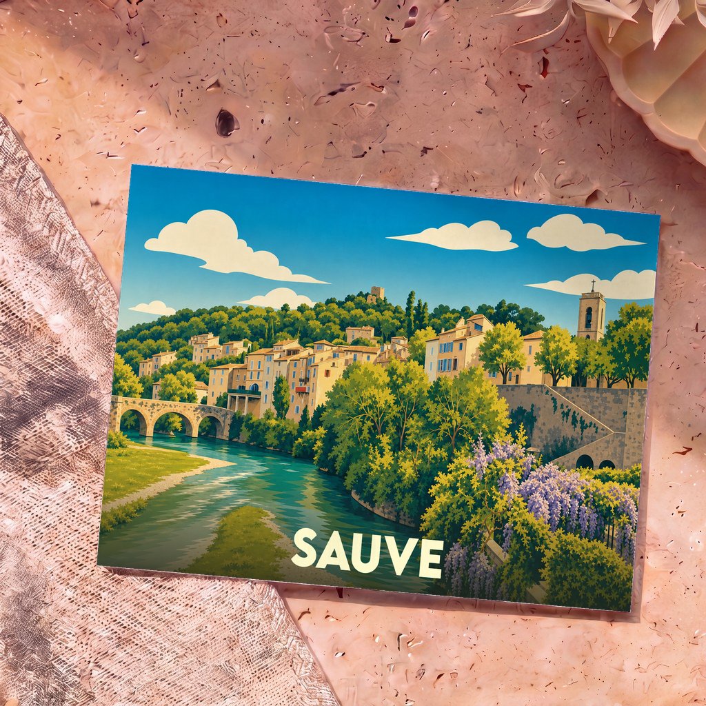Carte postale souvenir de la ville de Sauve illustrant son pont médiéval et ses maisons au bord de l'eau dans un style graphique coloré.