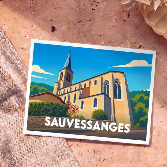 Carte postale souvenir de la ville de Sauvessanges avec une illustration stylisée de son église sous un ciel bleu.