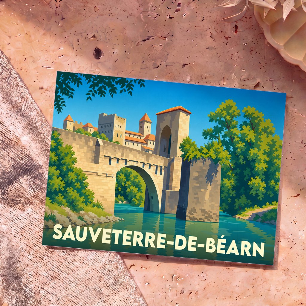 Carte postale souvenir de la ville de Sauveterre-de-Béarn avec une illustration stylisée de son célèbre pont fortifié.