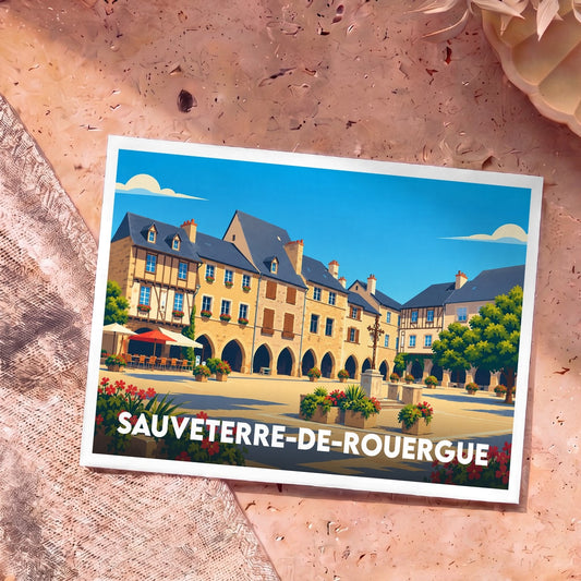 Carte postale souvenir de la ville de Sauveterre-de-Rouergue avec une illustration stylisée de sa place centrale.