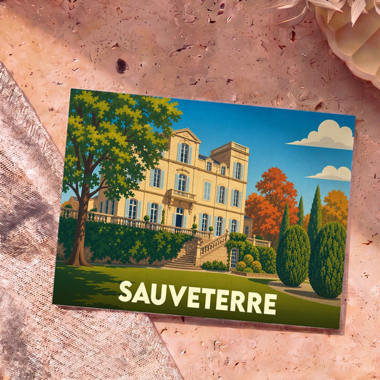 Carte postale souvenir de la ville de Sauveterre avec une illustration stylisée de son château et de ses jardins.