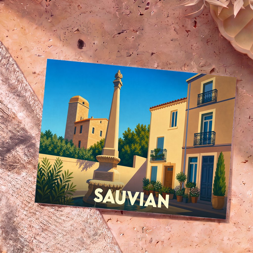 Carte postale souvenir de la ville de Sauvian avec une illustration stylisée d'une place ensoleillée et de sa fontaine.