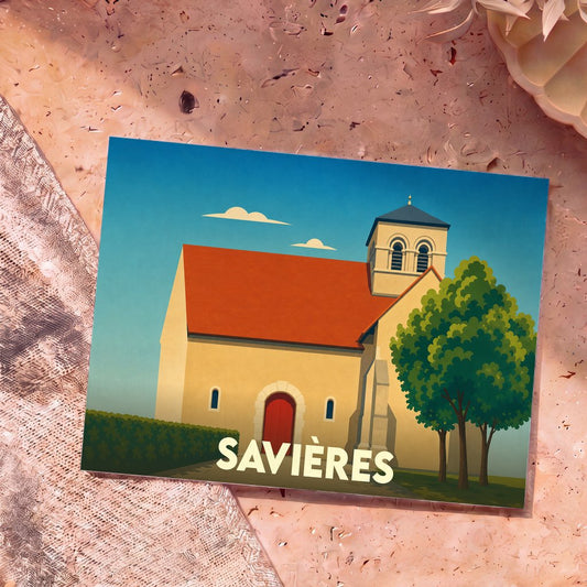 Carte postale souvenir de la ville de Savières avec une illustration stylisée de son église.