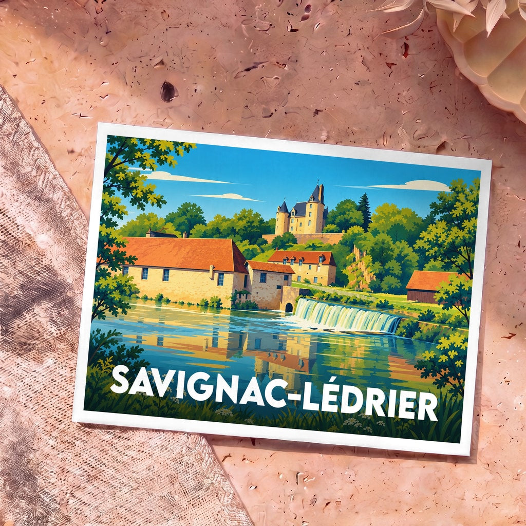 Carte postale souvenir de la ville de Savignac-Lédrier avec une illustration colorée représentant ses forges et son château.