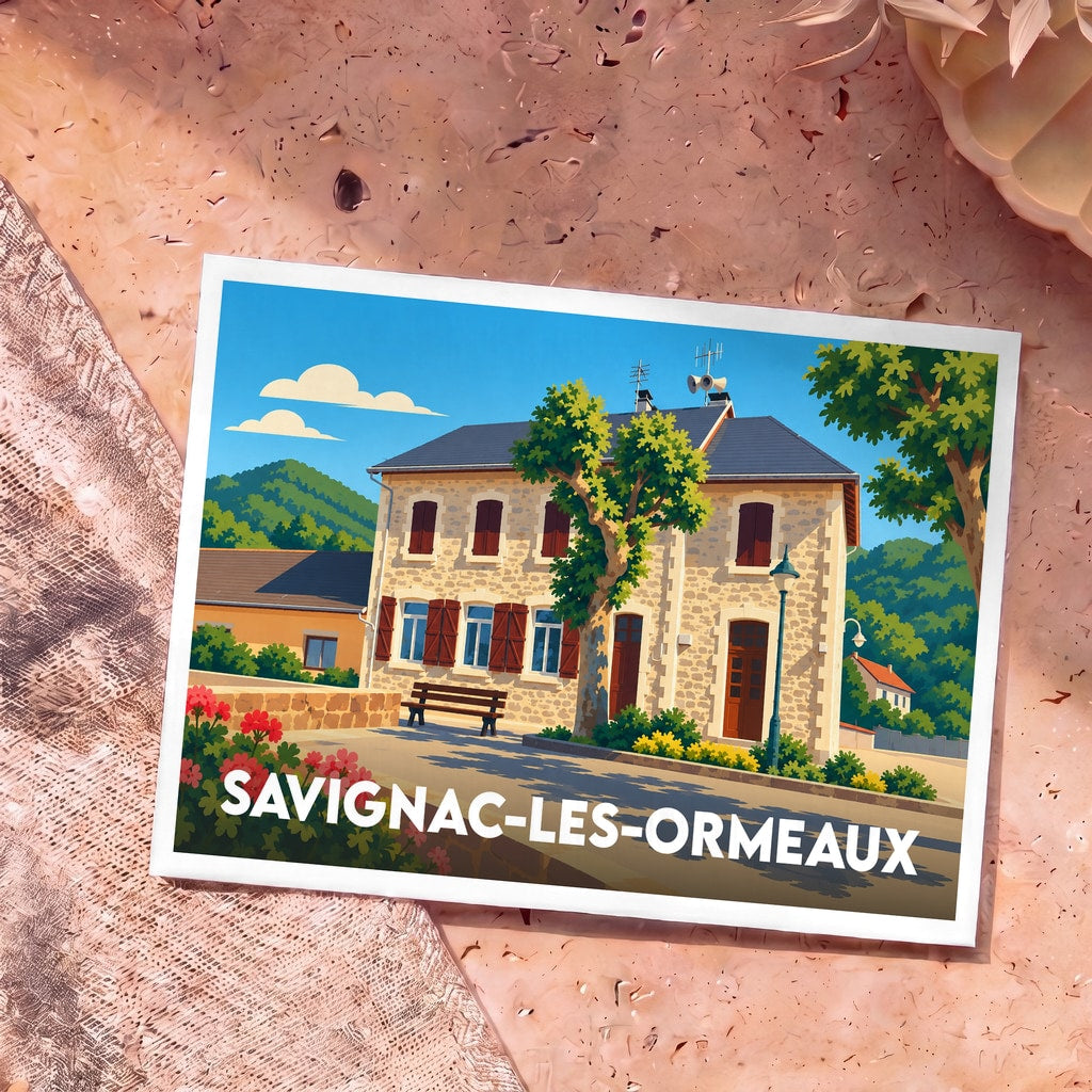 Carte postale souvenir de Savignac-les-Ormeaux présentant une illustration stylisée d'une maison de pierre ensoleillée.