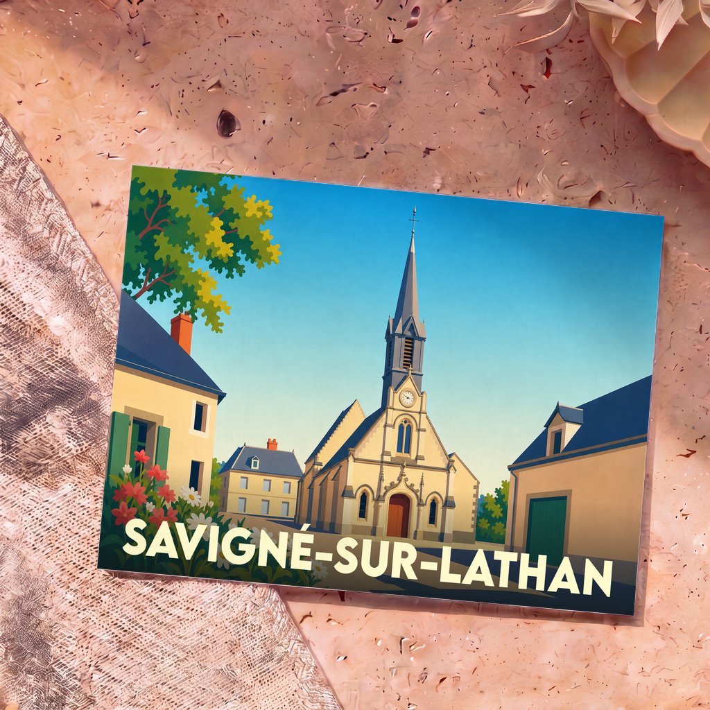 Carte postale souvenir de la ville de Savigné-sur-Lathan avec une illustration stylisée de son église.