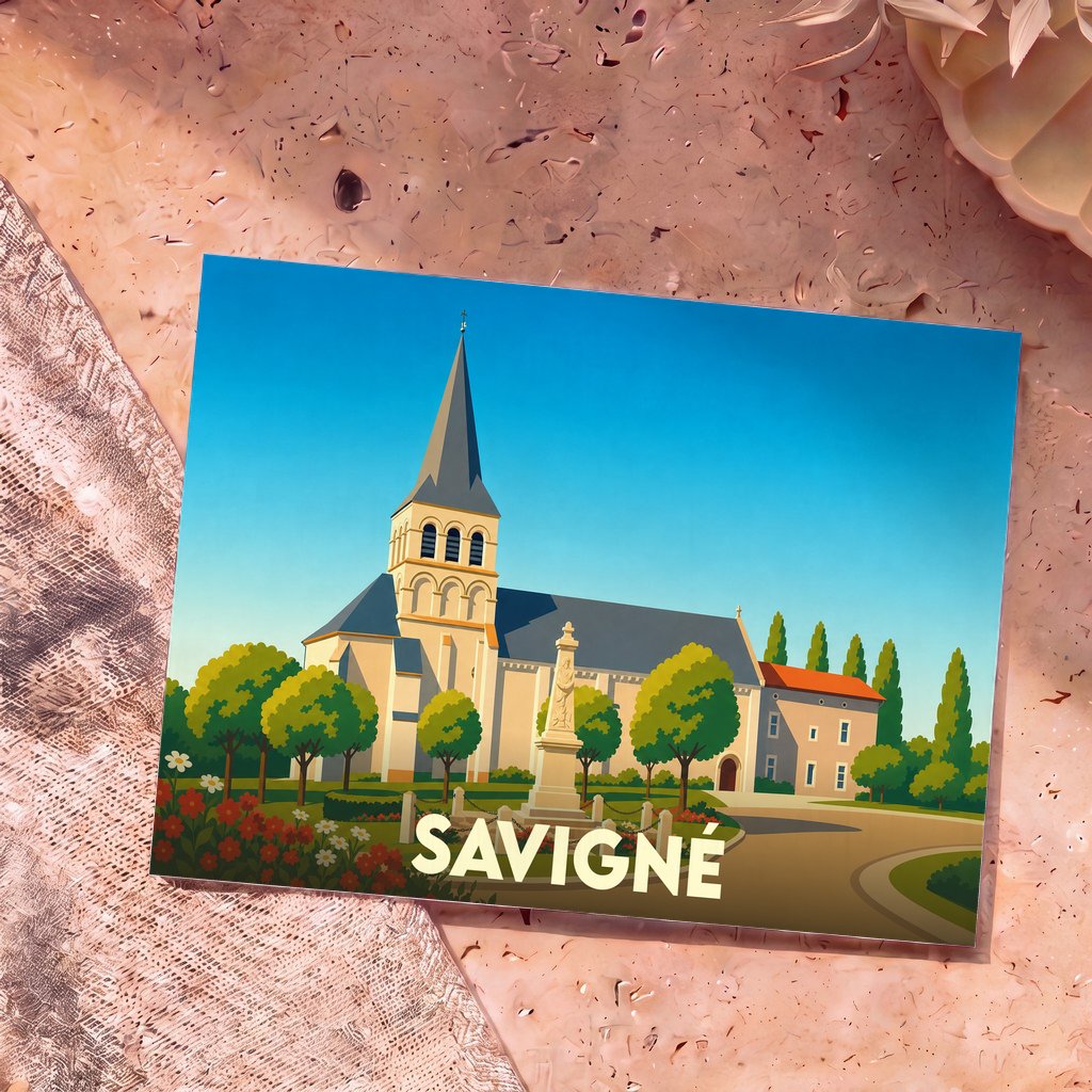 Carte postale souvenir de la ville de Savigné avec une illustration stylisée de son église et de son monument.