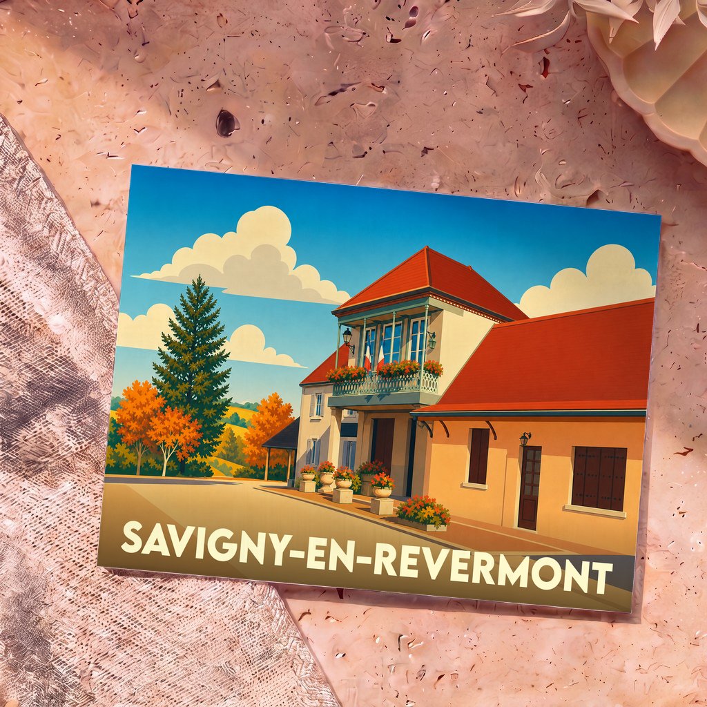 Carte postale souvenir de la ville de Savigny-en-Revermont avec une illustration stylisée et colorée.