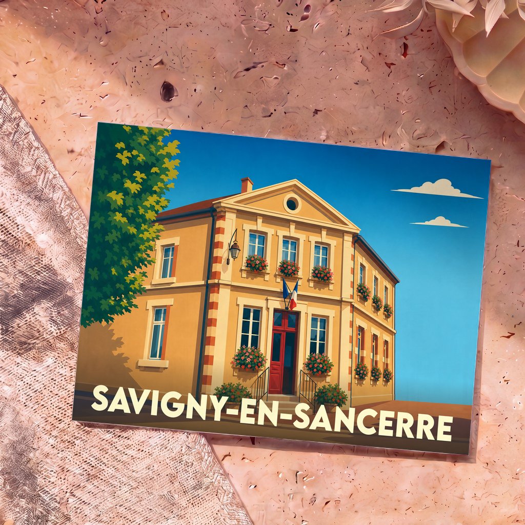 Carte postale souvenir de la ville de Savigny-en-Sancerre avec une illustration stylisée de sa mairie.