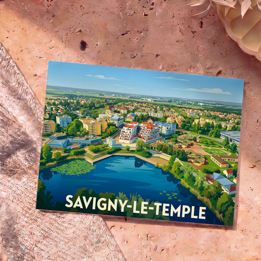 Carte postale souvenir de la ville de Savigny-le-Temple avec une illustration stylisée et colorée.