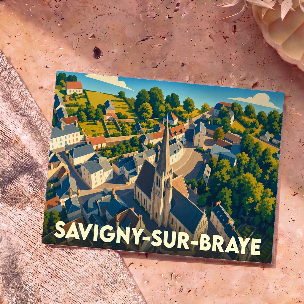 Carte postale souvenir de la ville de Savigny-sur-Braye avec une illustration stylisée d'une église et de maisons de village.