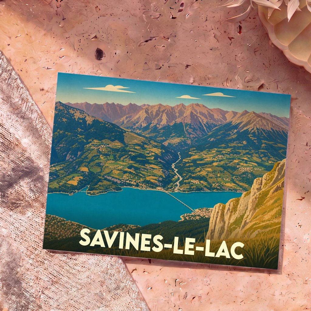 Carte postale souvenir de Savines-le-Lac présentant une illustration stylisée du lac de Serre-Ponçon entouré de montagnes.