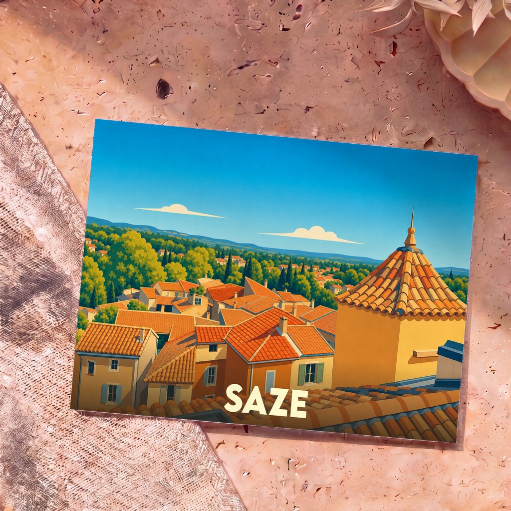 Carte postale souvenir de la ville de Saze avec une illustration stylisée des toits et du paysage environnant.