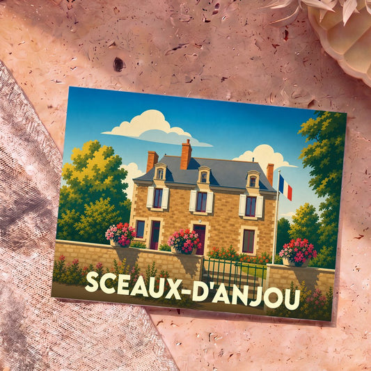 Carte postale souvenir de Sceaux-d'Anjou présentant l'illustration colorée d'une maison de ville typique sous un ciel bleu.