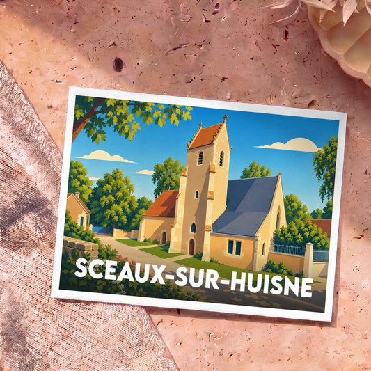 Carte postale souvenir de la ville de Sceaux-sur-Huisne avec une illustration colorée de son église.
