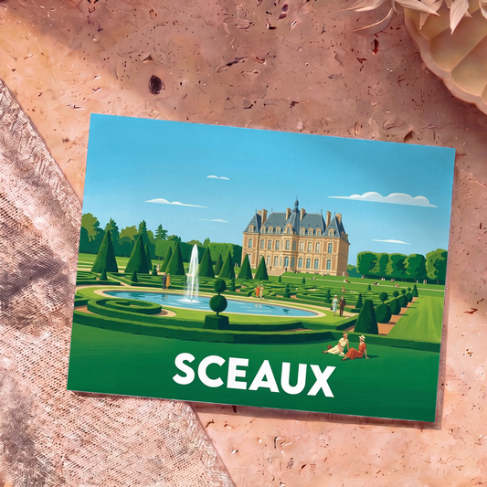 Carte postale souvenir de la ville de Sceaux illustrant son château et ses jardins à la française.