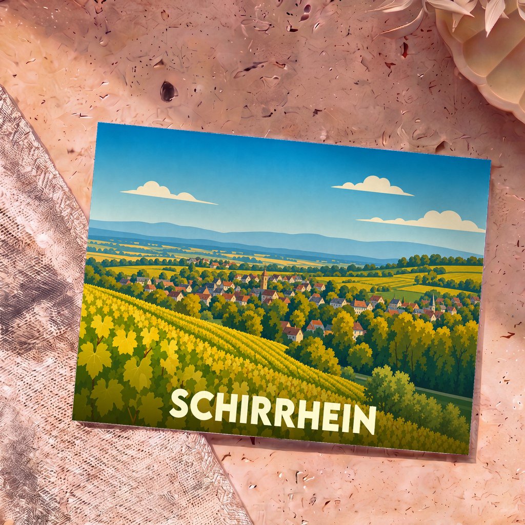 Carte postale souvenir de la ville de Schirrhein avec une illustration stylisée de son paysage de vignobles.