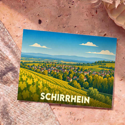 Carte postale souvenir de la ville de Schirrhein avec une illustration stylisée de son paysage de vignobles.