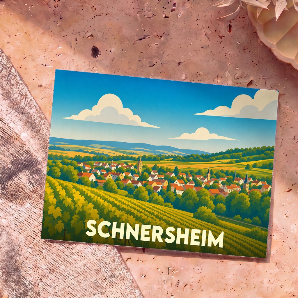 Carte postale souvenir de la ville de Schnersheim avec une illustration stylisée d'un village alsacien entouré de vignes.