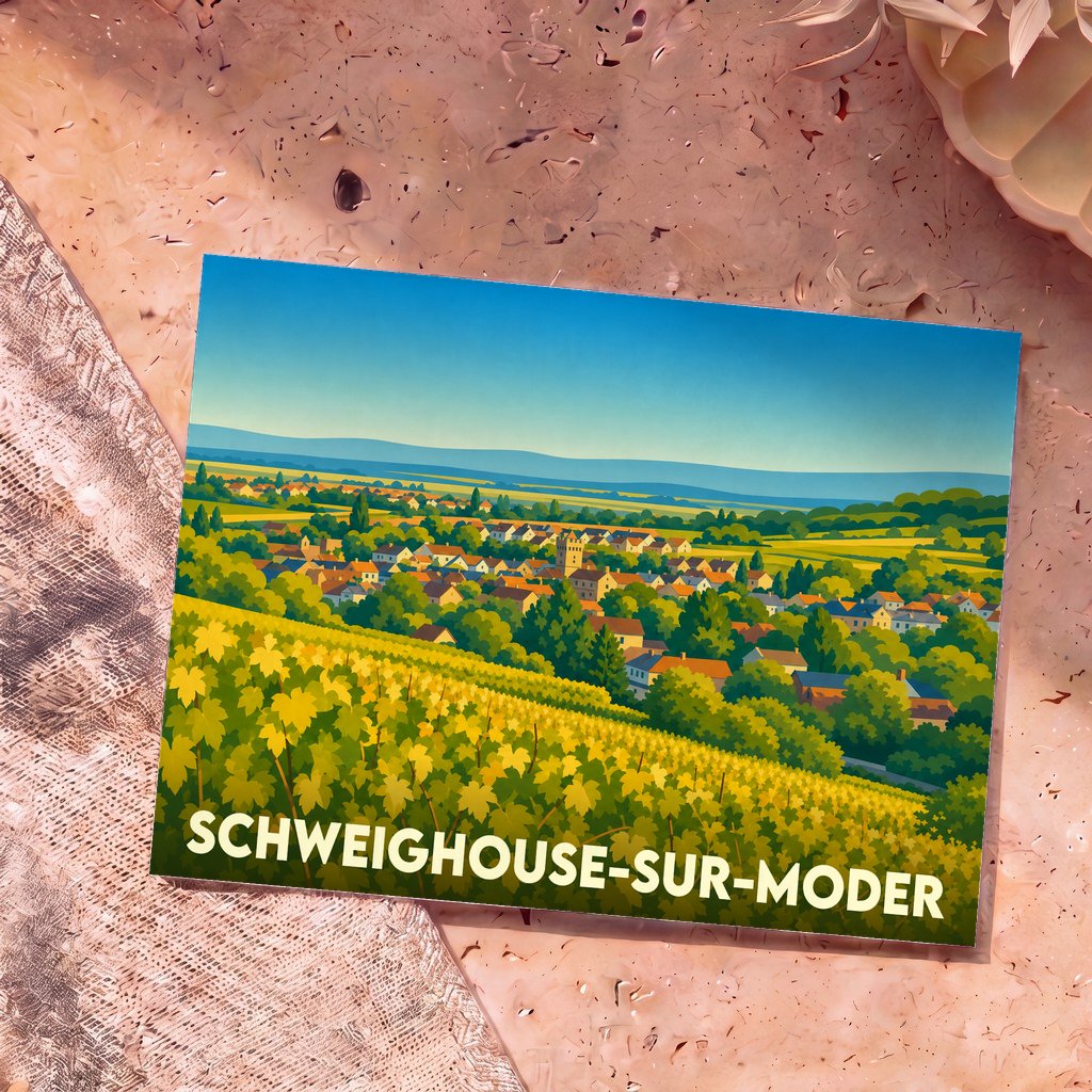 Carte postale souvenir de la ville de Schweighouse-sur-Moder illustrant un paysage de vignobles et de maisons colorées.