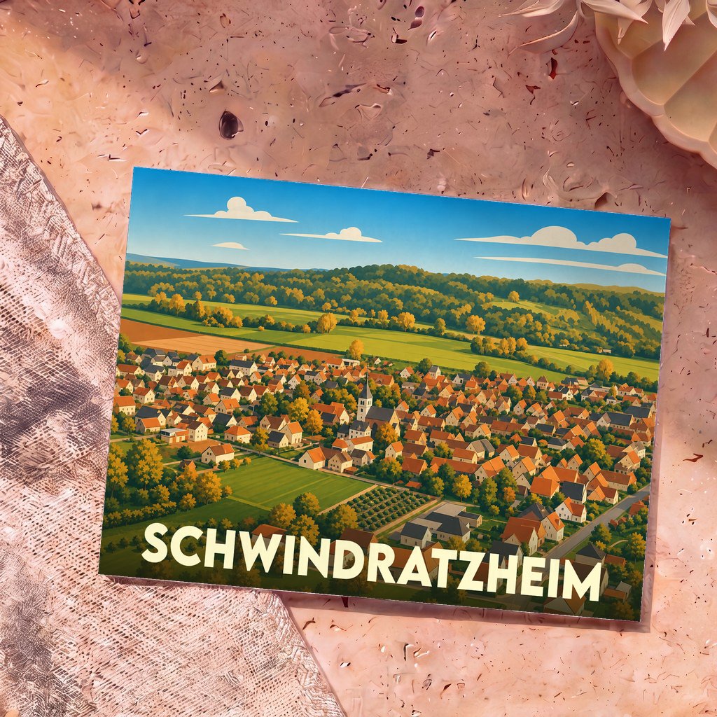 Carte postale souvenir de la ville de Schwindratzheim avec une illustration panoramique stylisée.