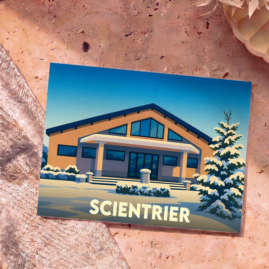 Carte postale souvenir de la ville de Scientrier illustrant un bâtiment moderne sous la neige dans un style graphique épuré.