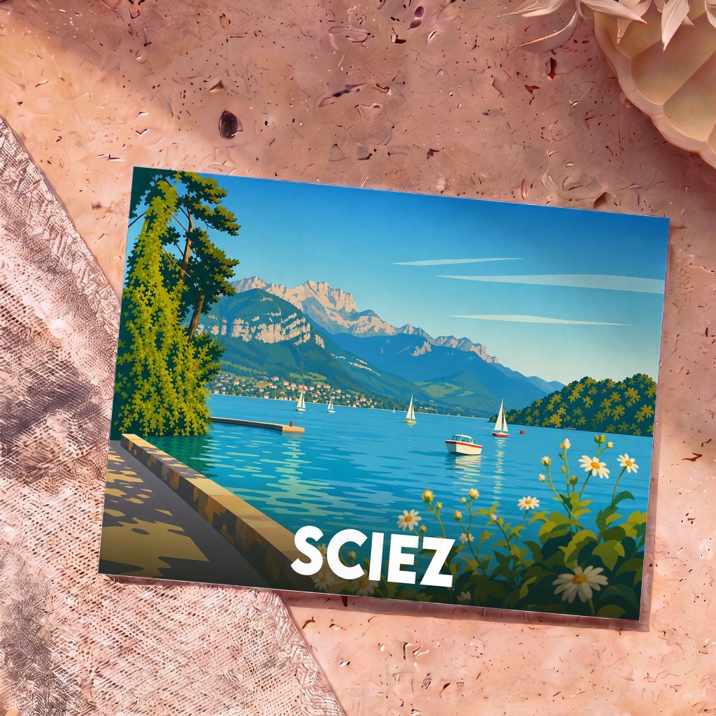 Carte postale souvenir de la ville de Sciez avec une illustration stylisée d'un lac de montagne.