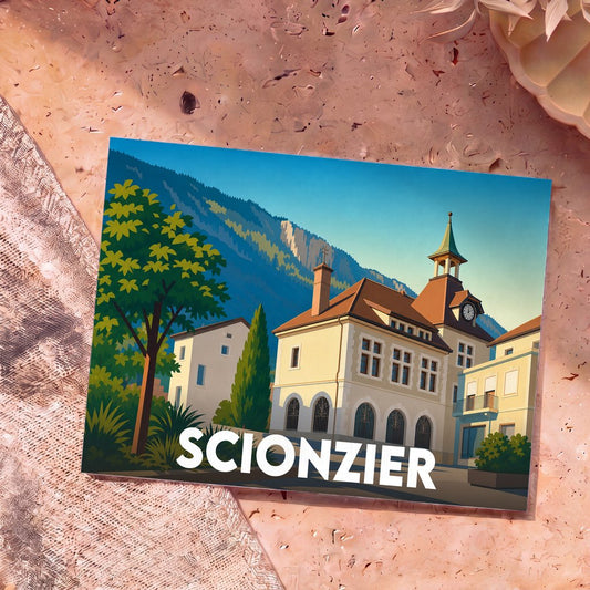 Carte postale souvenir de la ville de Scionzier présentant une illustration stylisée de son architecture locale sur fond de montagnes.