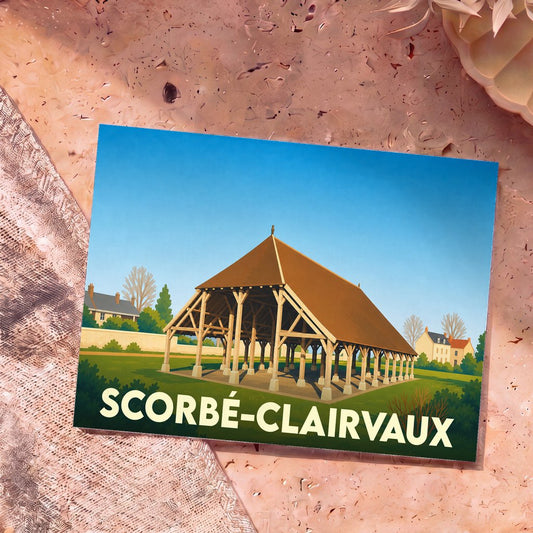 Carte postale souvenir de la ville de Scorbé-Clairvaux illustrant ses halles historiques dans un style épuré.