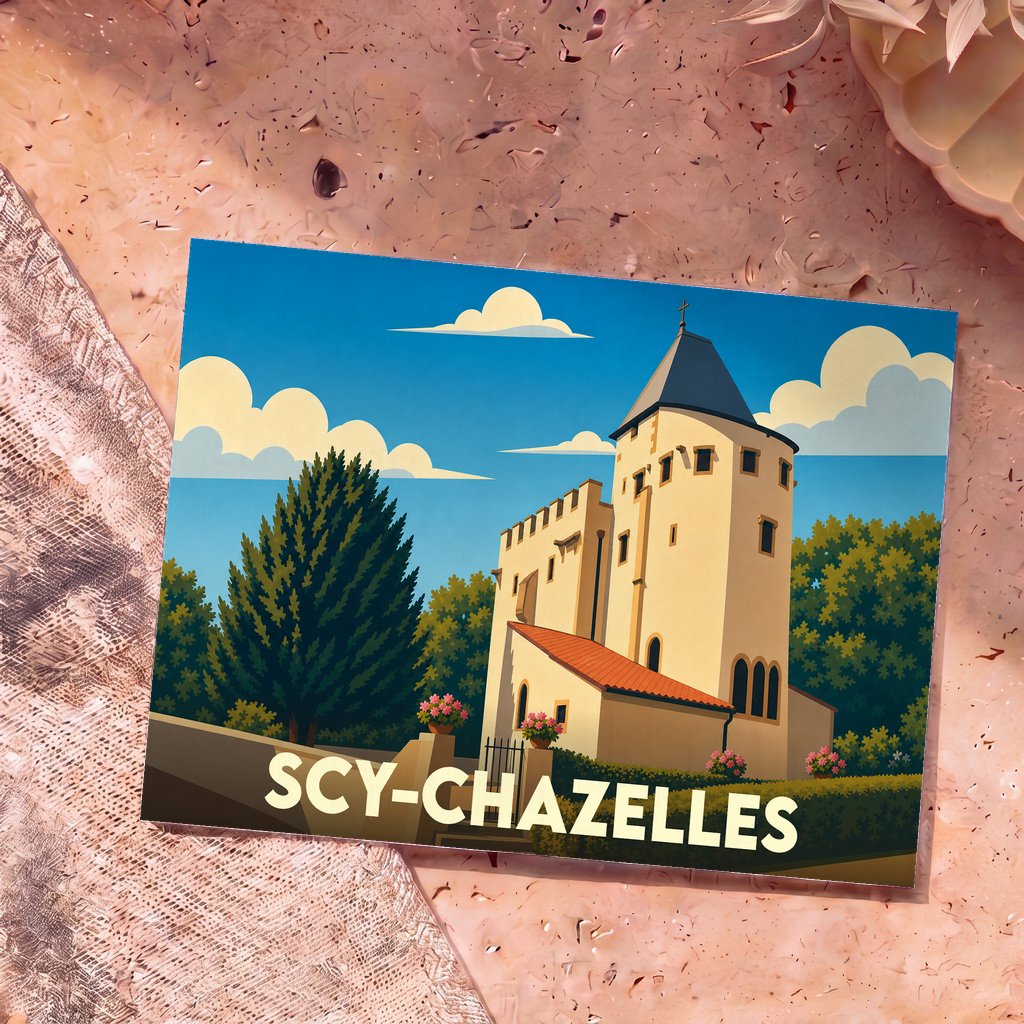 Carte postale souvenir de la ville de Scy-Chazelles illustrant une église fortifiée dans un style graphique épuré.