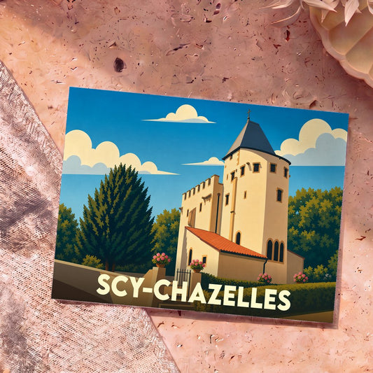 Carte postale souvenir de la ville de Scy-Chazelles illustrant une église fortifiée dans un style graphique épuré.