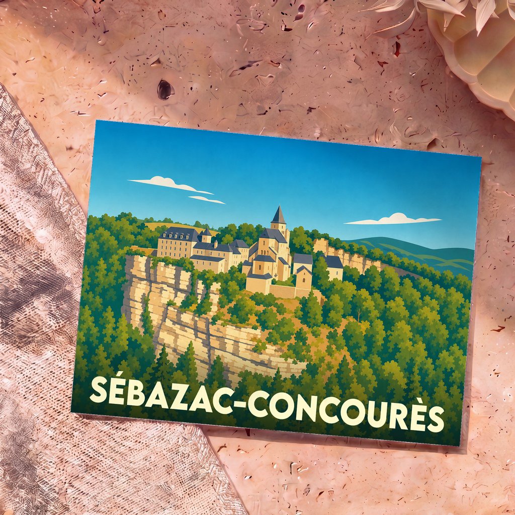 Carte postale souvenir de la ville de Sébazac-Concourès avec une illustration stylisée d'un village médiéval perché sur une falaise.