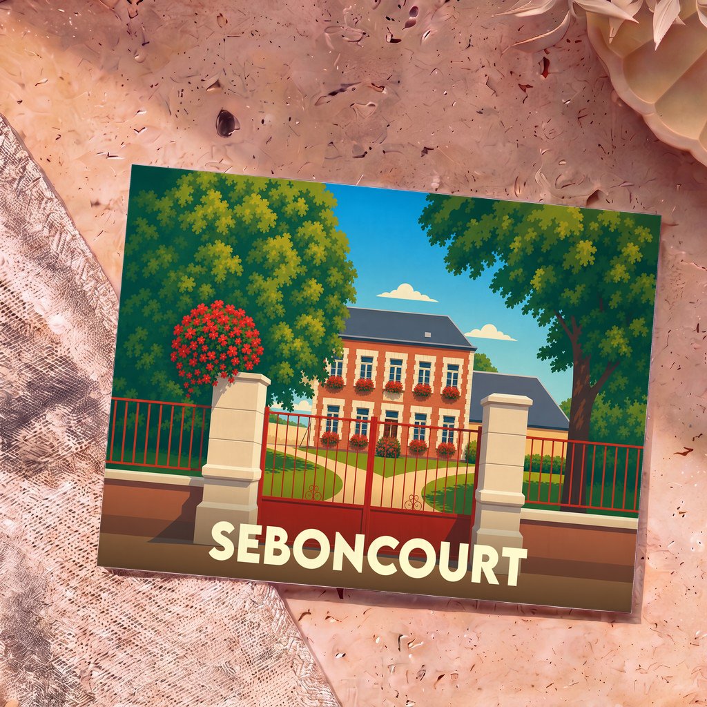 Carte postale souvenir de la ville de Seboncourt avec une illustration stylisée d'une maison de maître derrière un portail rouge.