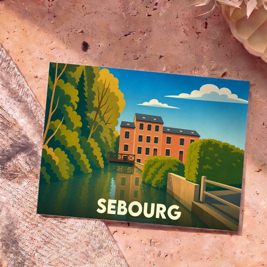 Carte postale souvenir de la ville de Sebourg avec une illustration stylisée représentant un moulin au bord de l'eau.