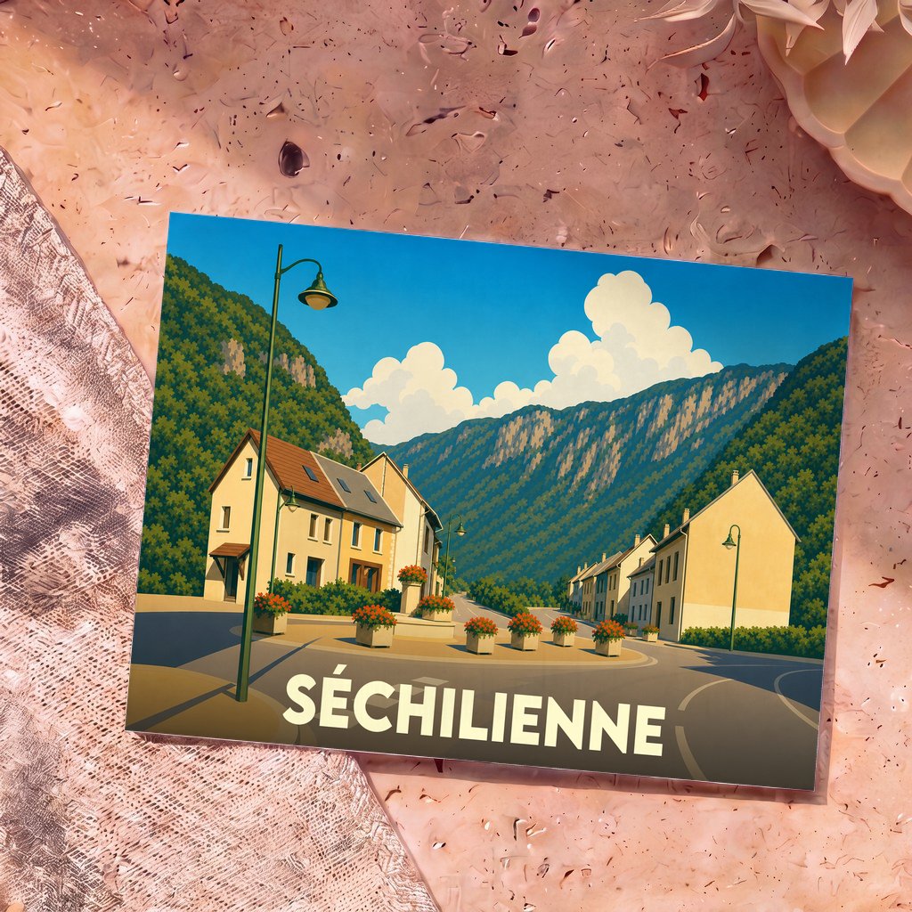 Carte postale souvenir de la ville de Séchilienne avec une illustration stylisée d'un village de montagne.