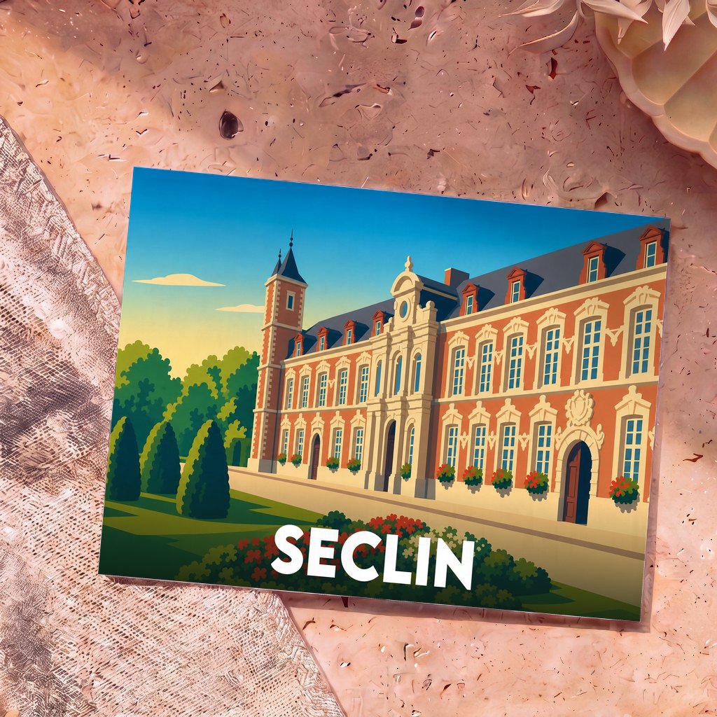 Carte postale souvenir de la ville de Seclin avec une illustration stylisée de son hôpital historique.