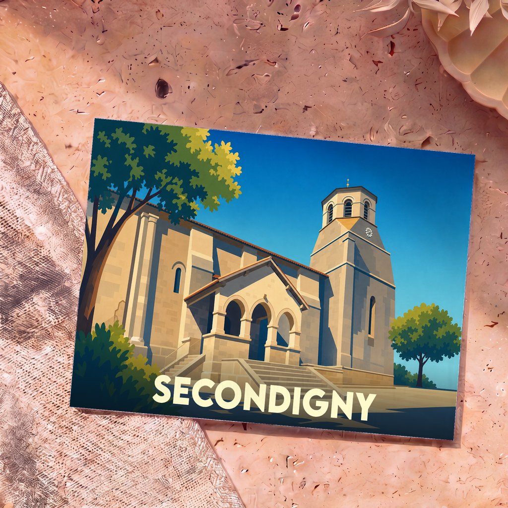 Carte postale souvenir de la ville de Secondigny avec une illustration stylisée d'une église sous un ciel bleu.