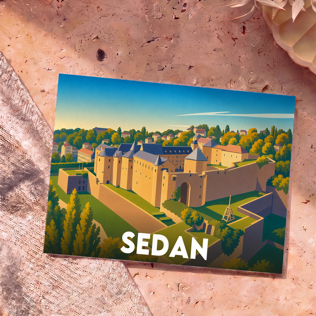 Carte postale souvenir de la ville de Sedan illustrant son château fort dans un style épuré et coloré.