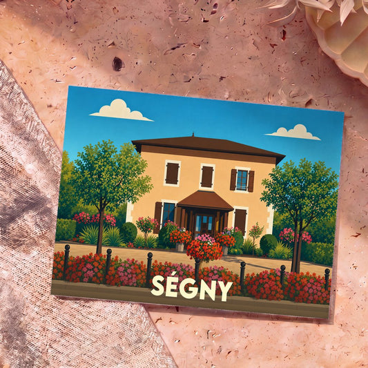 Carte postale souvenir de la ville de Ségny représentant une maison de maître entourée d'un jardin fleuri.