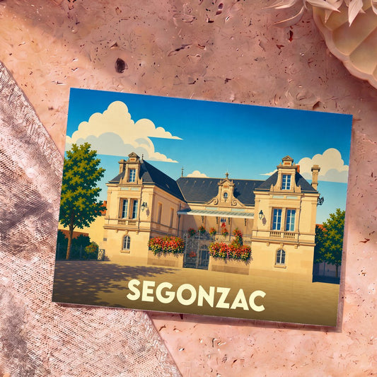 Carte postale souvenir de la ville de Segonzac avec une illustration stylisée de son hôtel de ville.