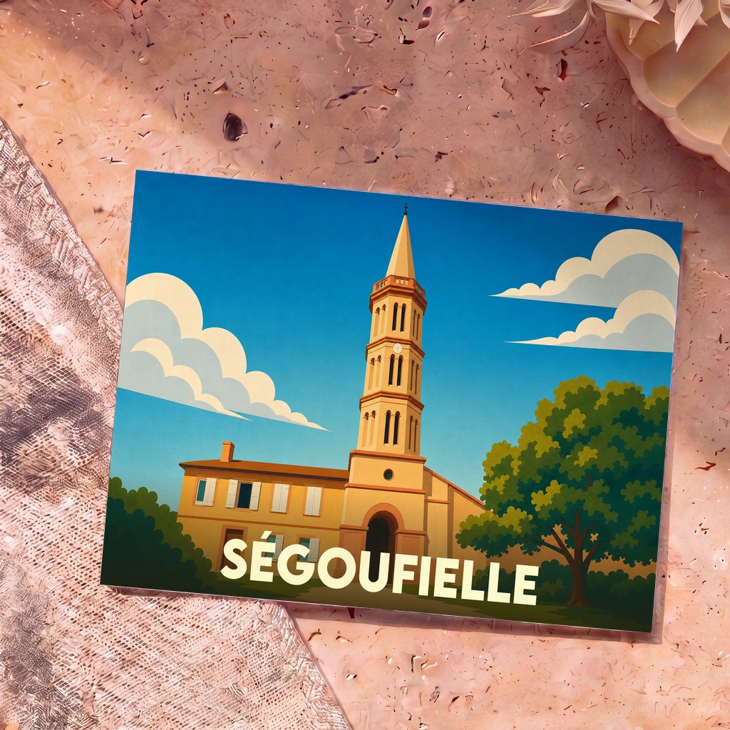Carte postale souvenir de la ville de Ségoufielle illustrant son église sous un ciel bleu parsemé de nuages.