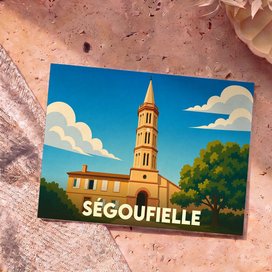 Carte postale souvenir de la ville de Ségoufielle illustrant son église sous un ciel bleu parsemé de nuages.
