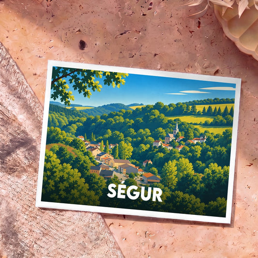 Carte postale souvenir de la ville de Ségur avec une illustration stylisée d'un village vallonné.