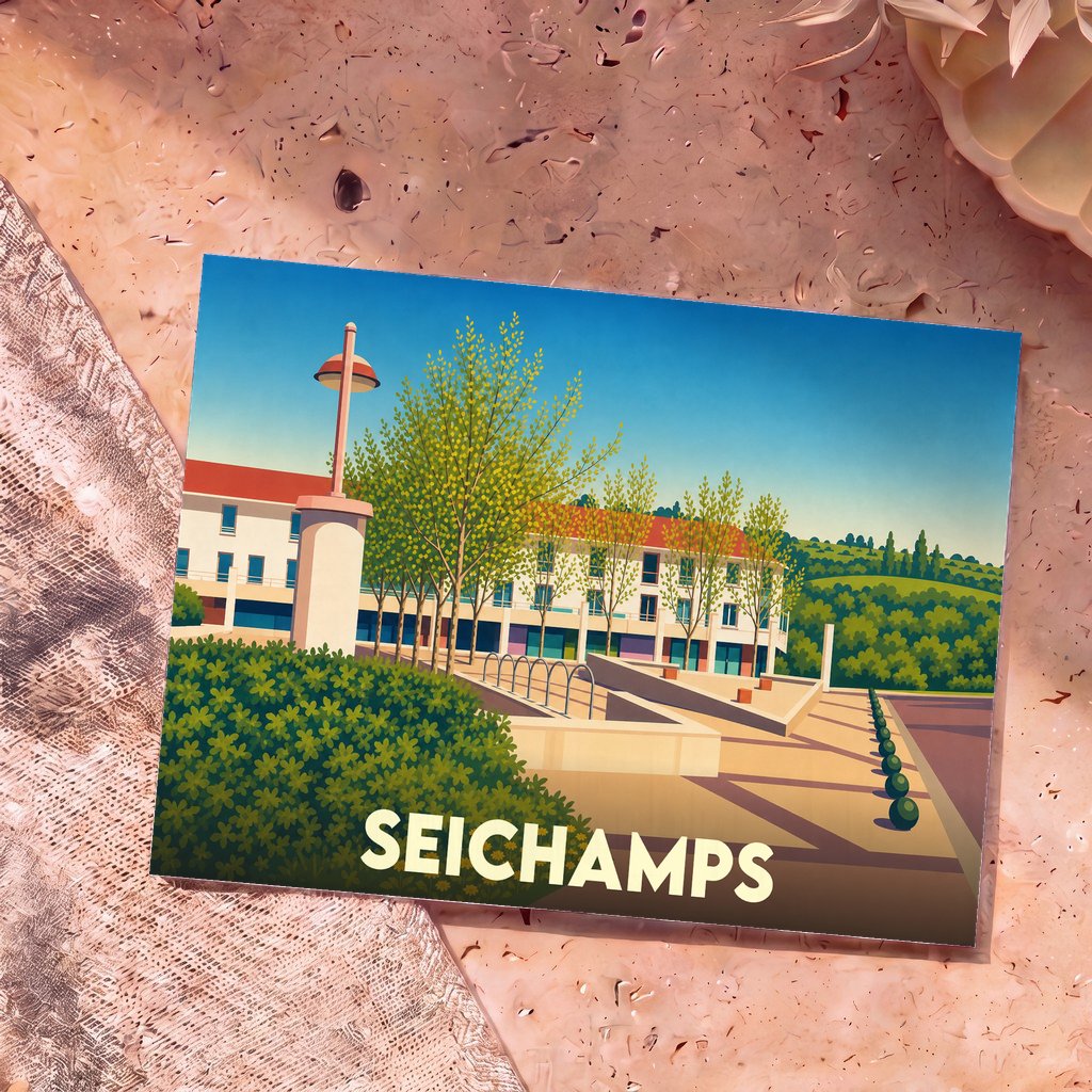 Carte postale souvenir de la ville de Seichamps avec une illustration stylisée et colorée de son architecture.
