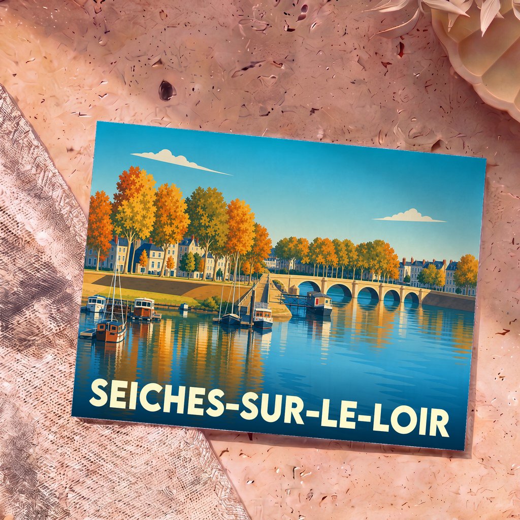 Carte postale souvenir de Seiches-sur-le-Loir avec une illustration stylisée des bords du Loir en automne.
