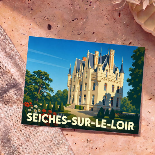 Carte postale souvenir de la ville de Seiches-sur-le-Loir illustrant un château de style néogothique dans un jardin ensoleillé.