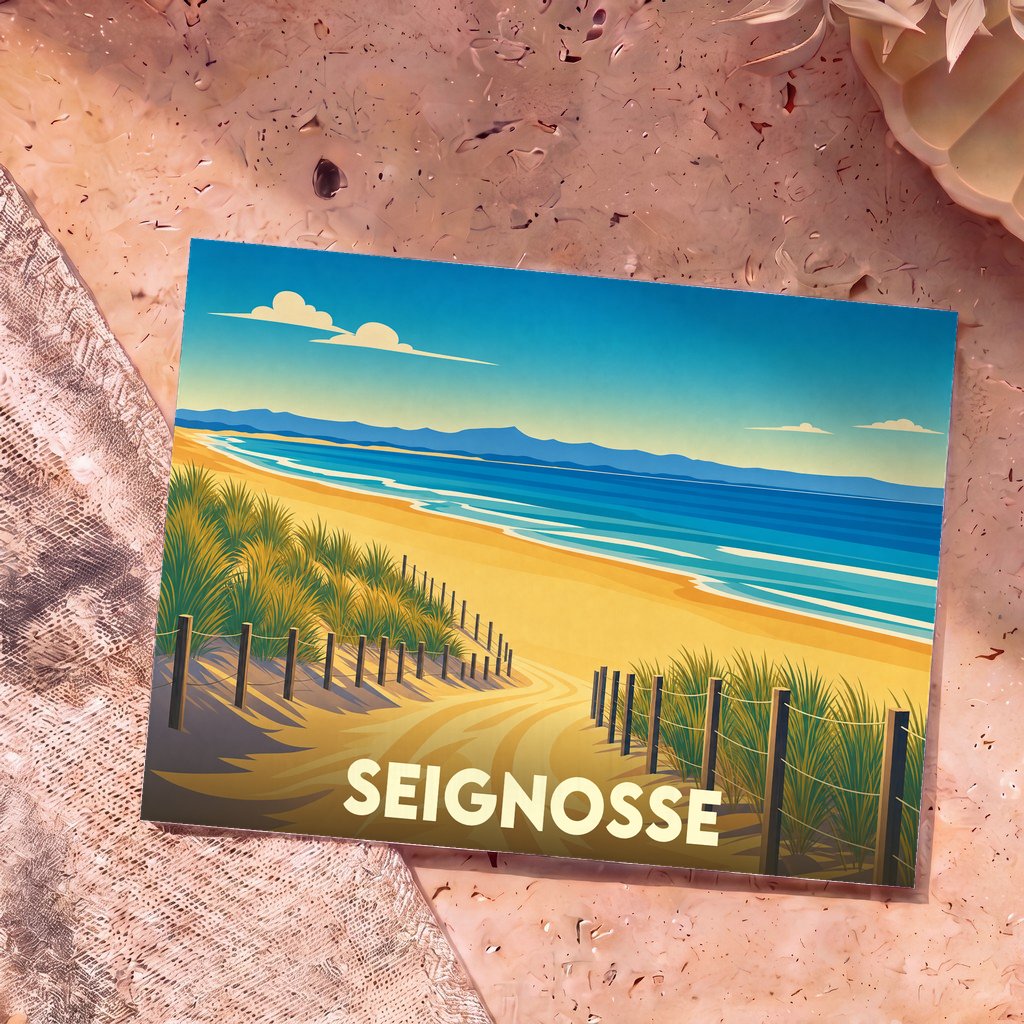 Carte postale souvenir de Seignosse arborant une illustration stylisée d'une plage sauvage bordée de dunes.