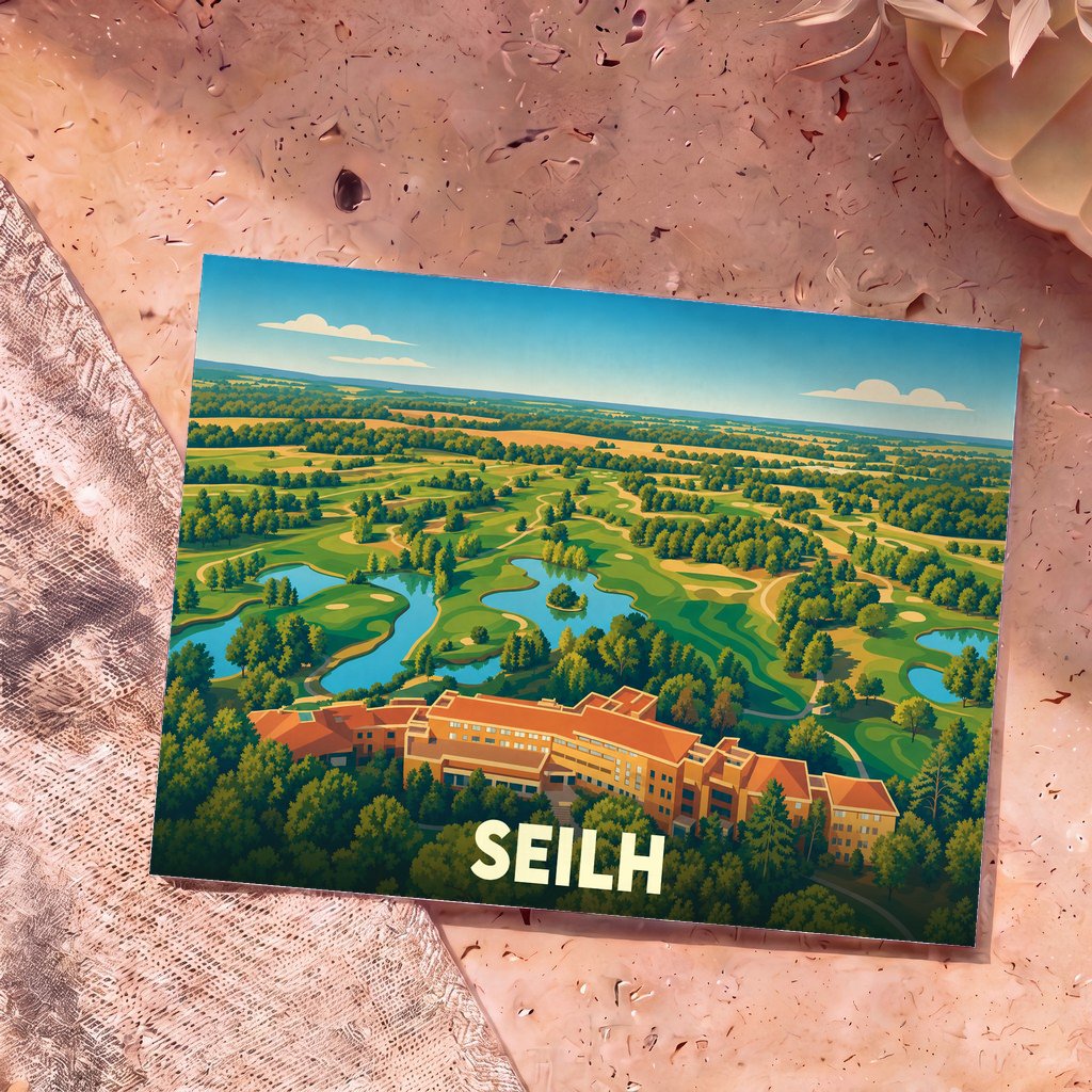 Carte postale souvenir de la ville de Seilh illustrant une vue aérienne stylisée de son golf et de son complexe hôtelier.